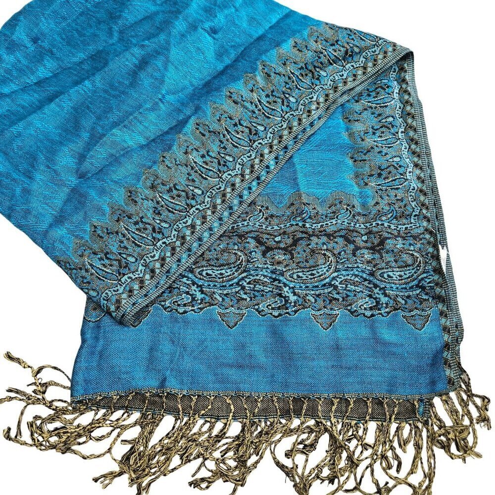 Unbranded NWT Teal Tapestry Scarf With‎ Fringe Details Blue Gold Rich Colorful